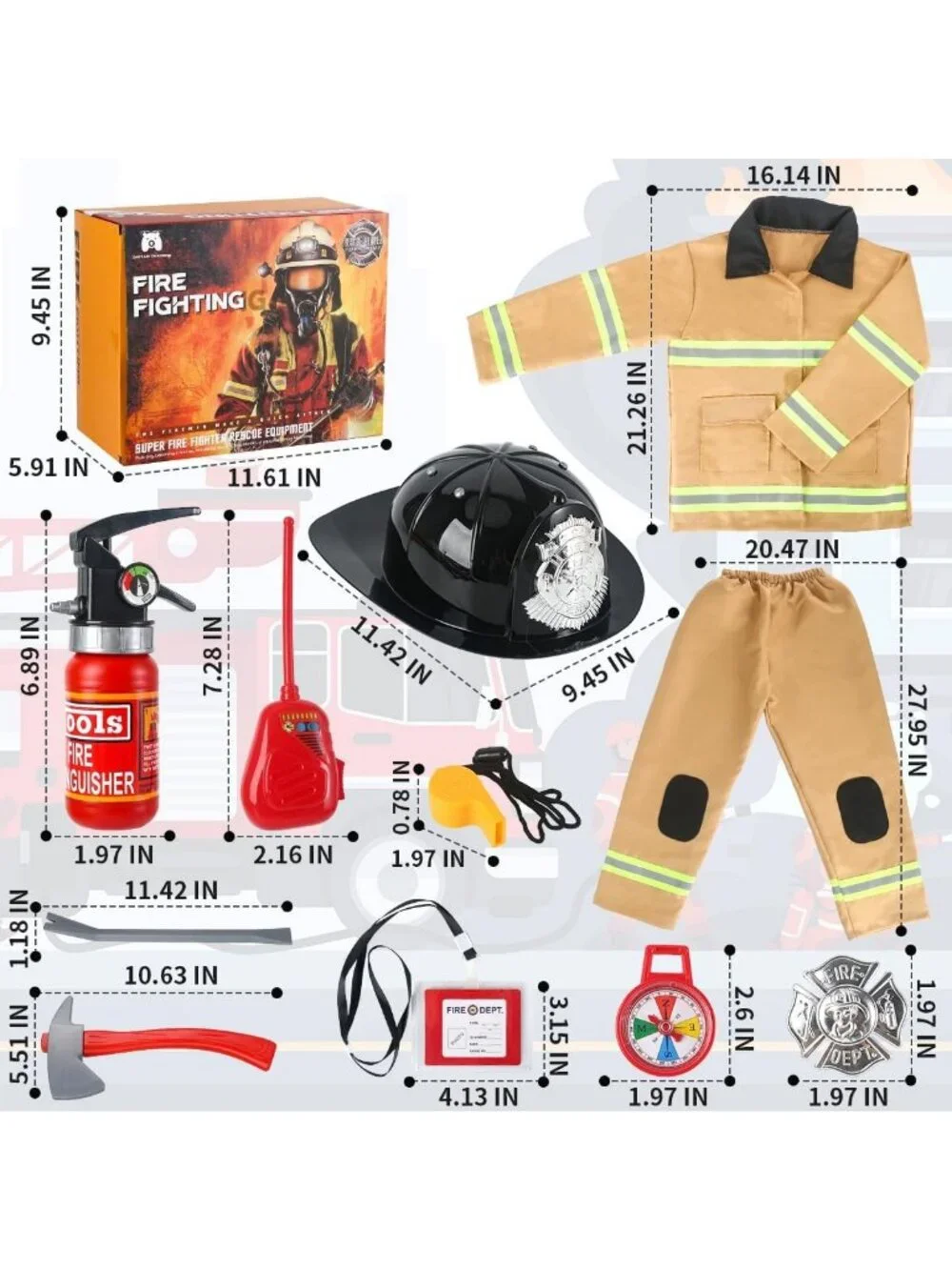 Kids Firefighter Costume with Toy Accessories | Toddler Dress Up Outfit 2-7